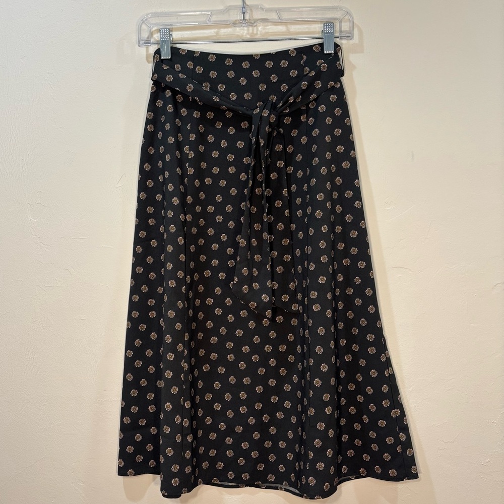 LOFT Black Midi Skirt with Tan Polka Dot Print